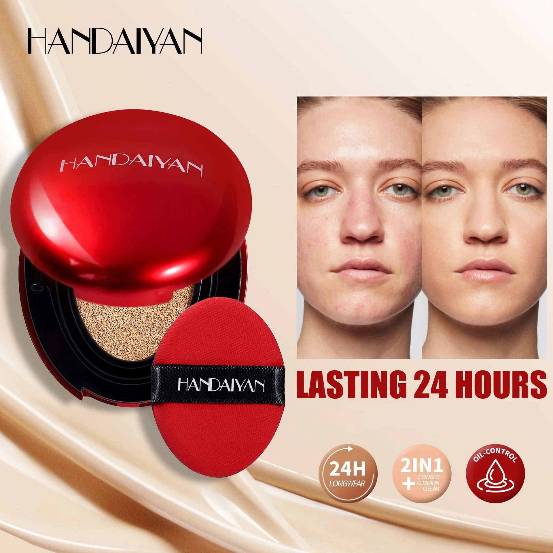 base de maquillaje cushion HANDAIYAN- cobertura perfecta, hidratante y larga duracion