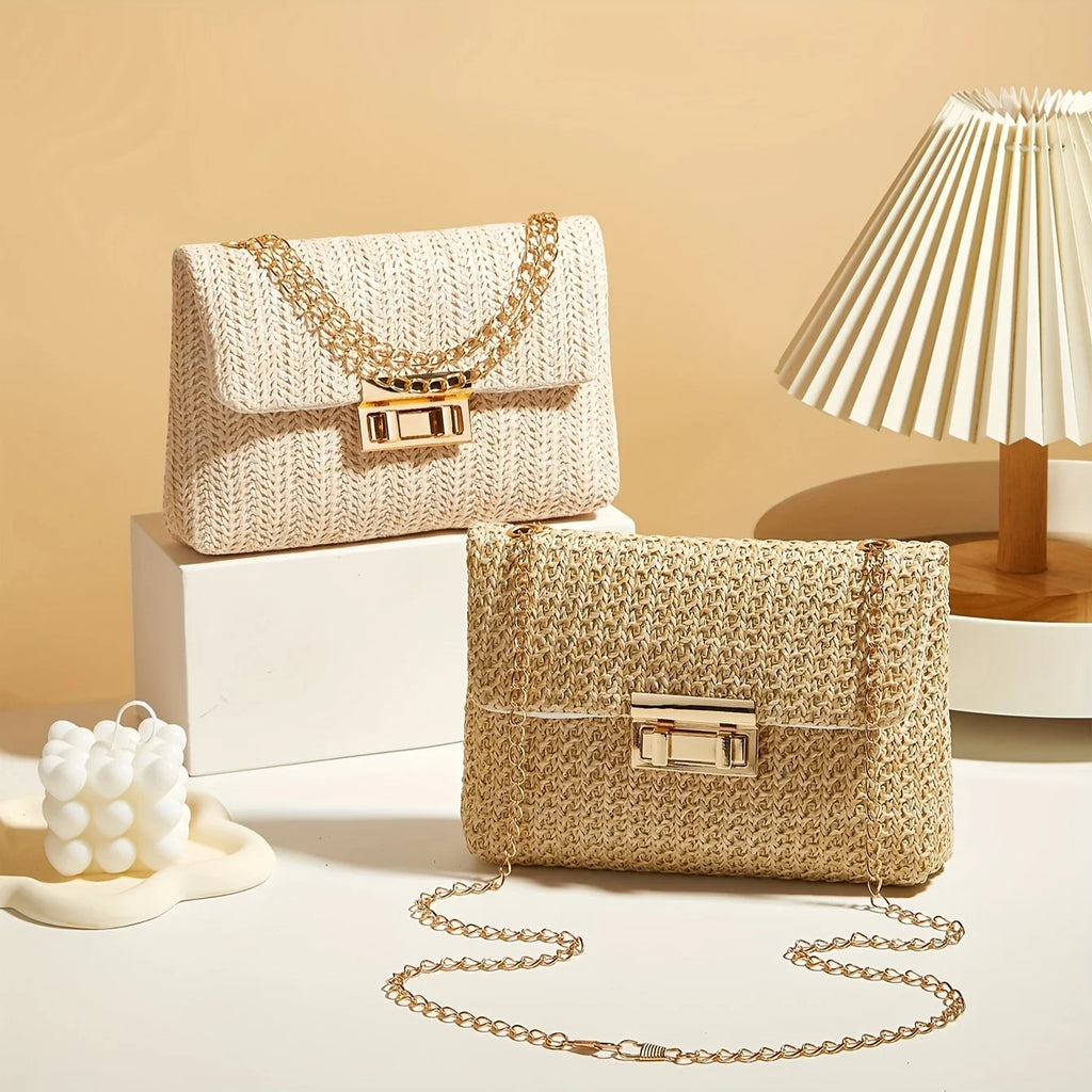 Bolsos tejidos elegantes para mujer - Cartera crossbody de paja con cadena, estilo Verano Playa y Moda 2026