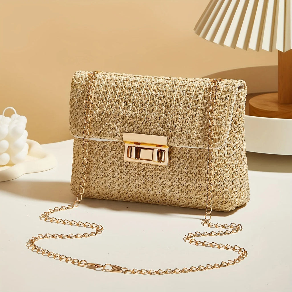 Bolsos tejidos elegantes para mujer - Cartera crossbody de paja con cadena, estilo Verano Playa y Moda 2026