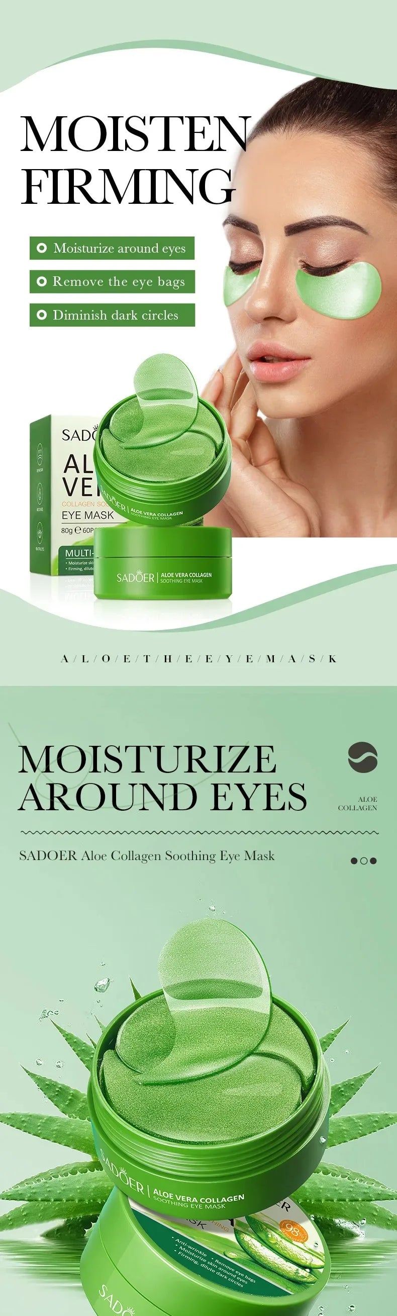 Parches de Ojos Aloe Vera & Colageno (60pcs) / Anti Ojeras, Bolsas y Arrugas